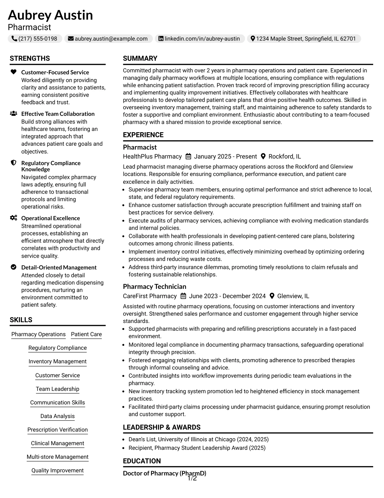 Resume Example Page 1