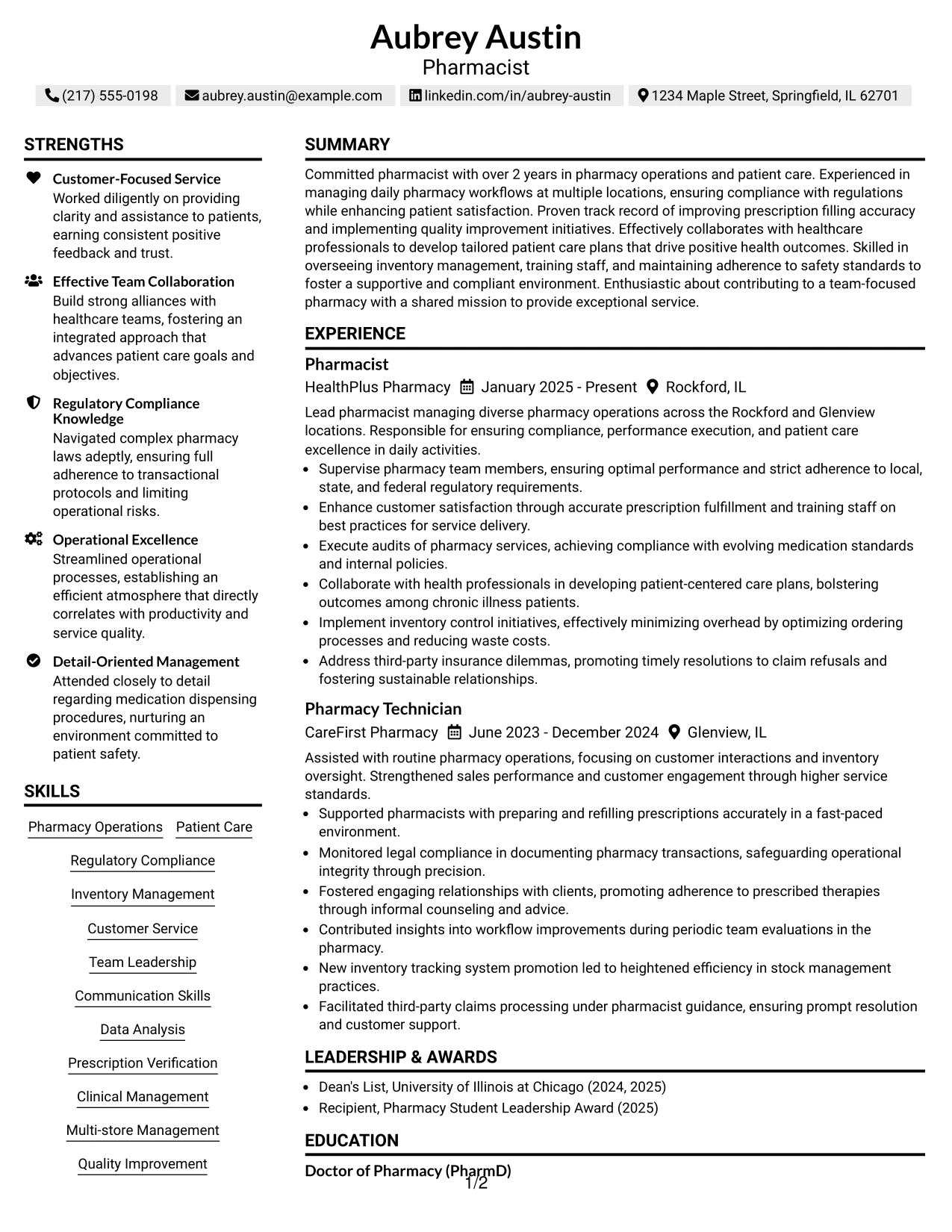 Resume Example Page 1