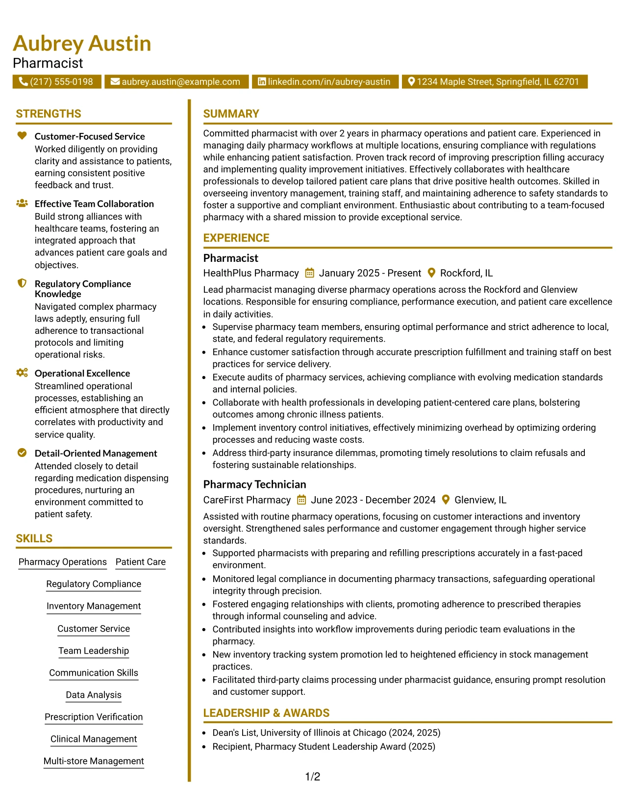 Resume Example Page 1