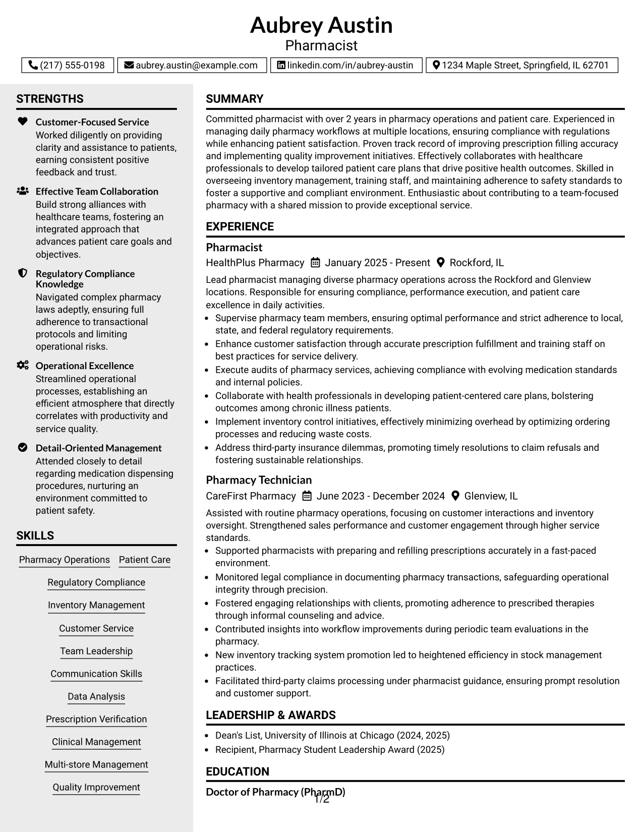 Resume Example Page 1