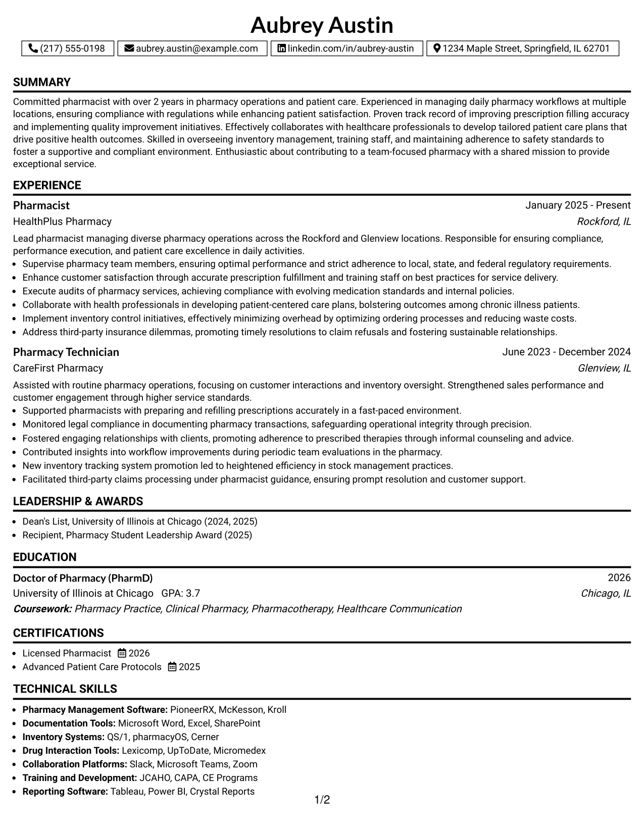 Resume Example Page 1