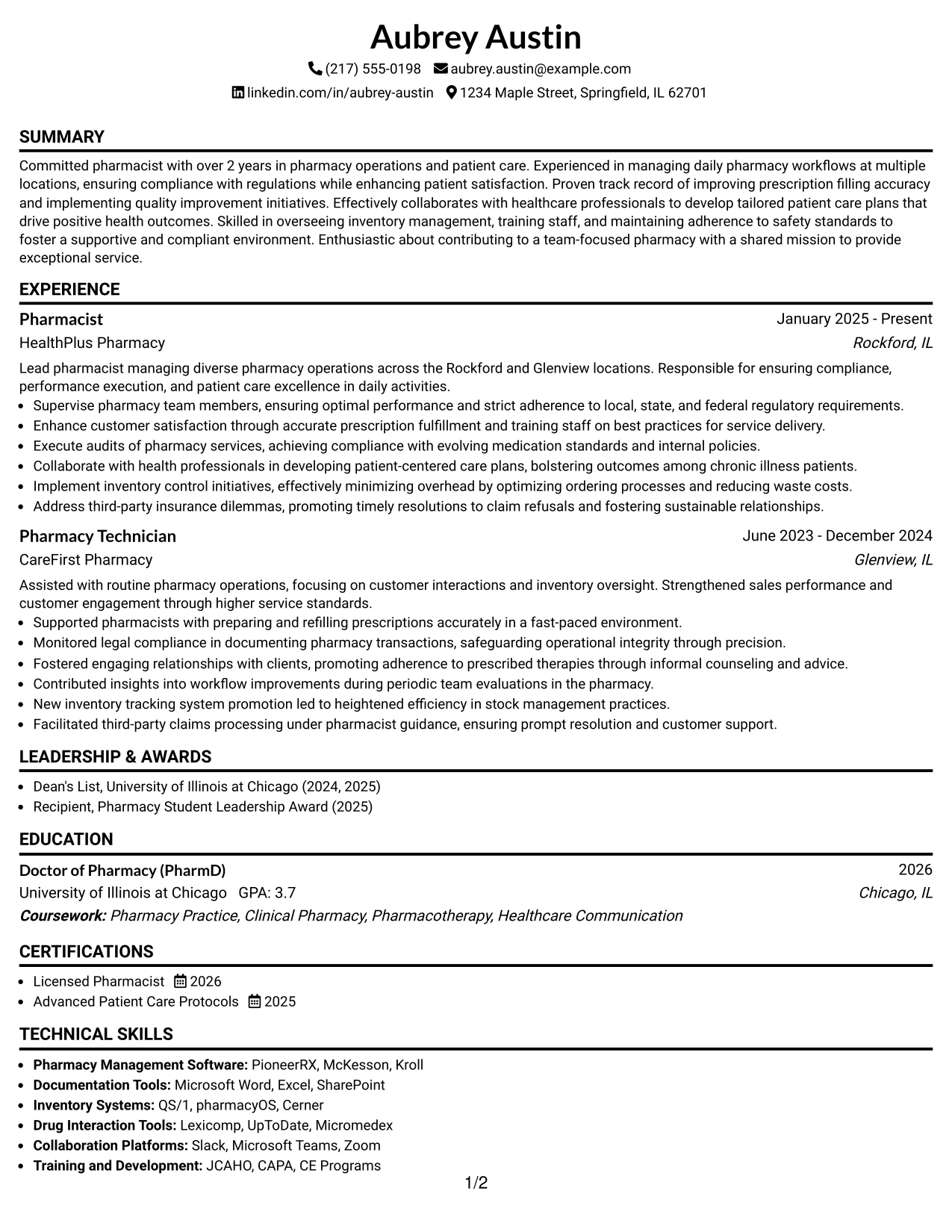 Resume Example Page 1