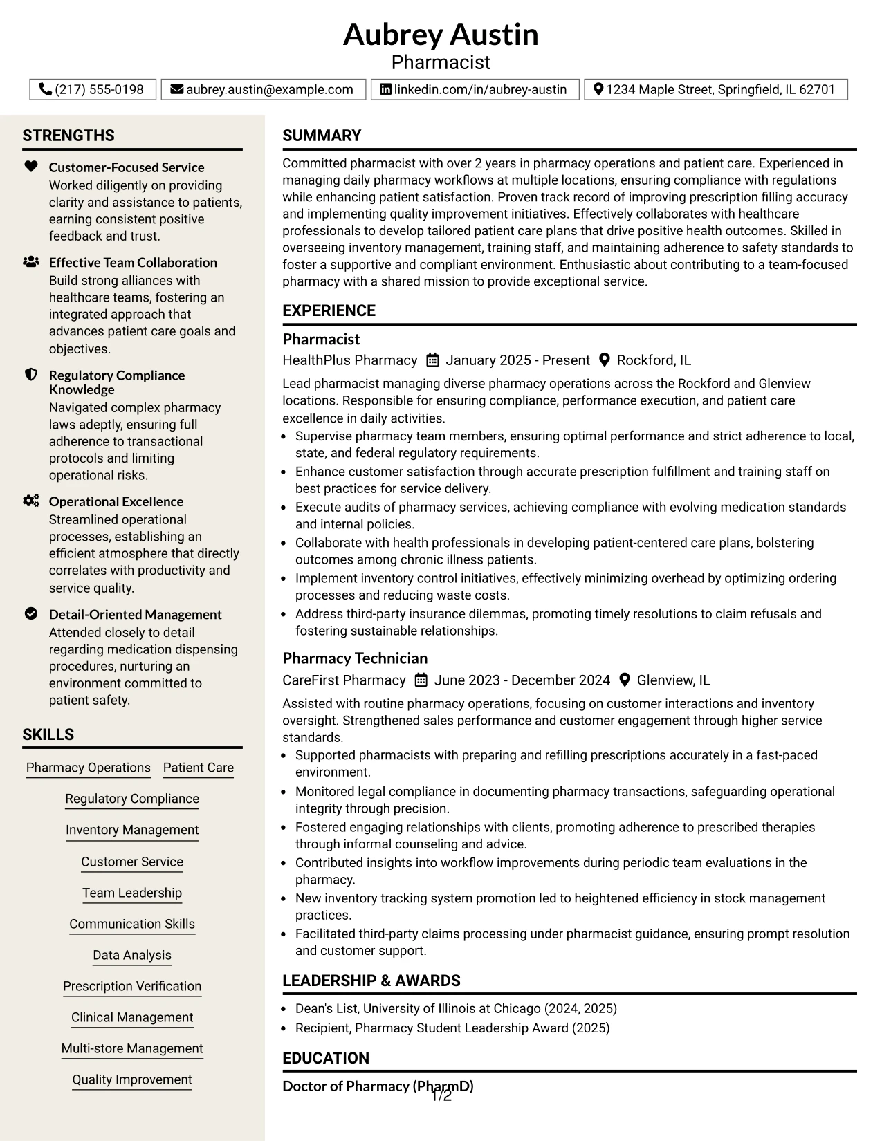 Resume Example Page 1