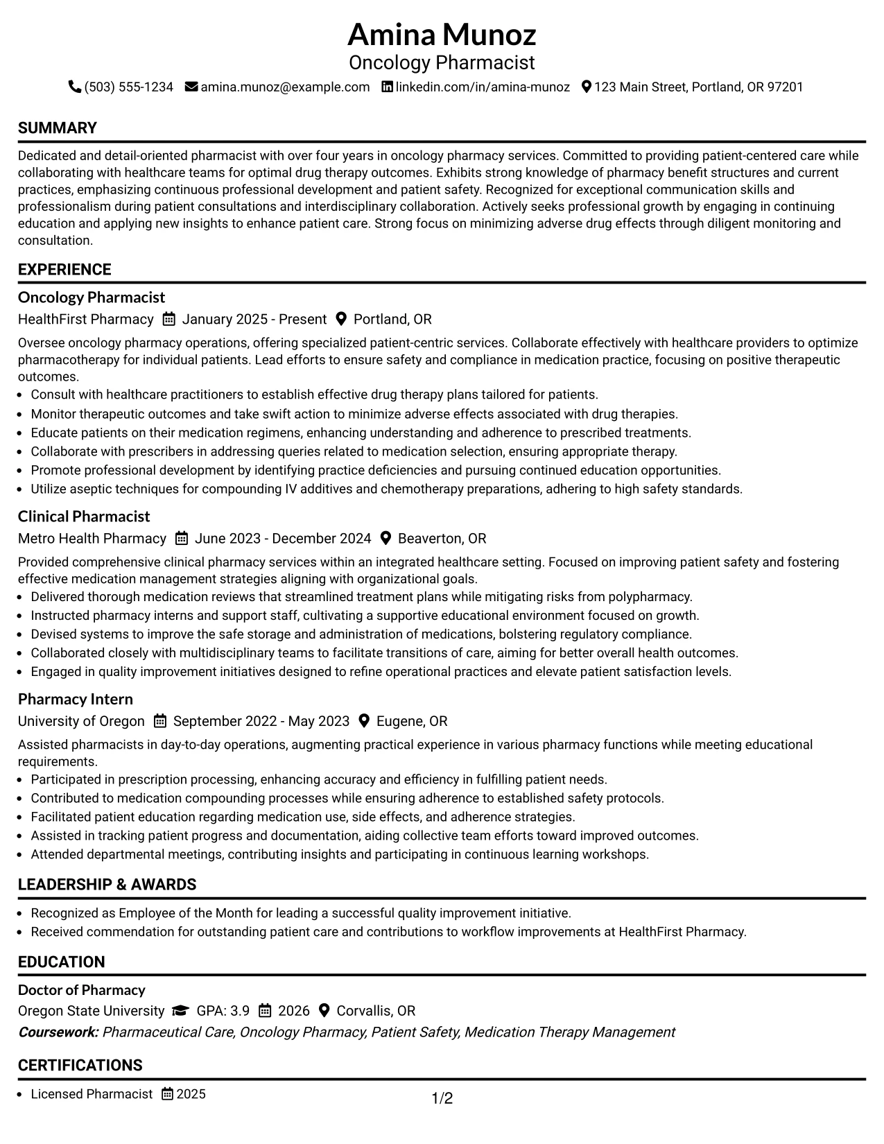 Resume Example Page 1