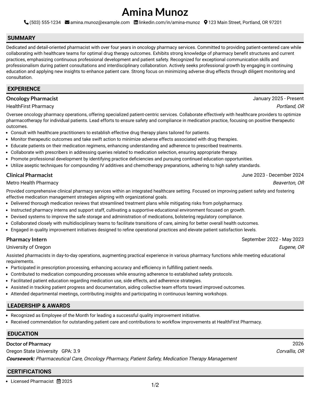 Resume Example Page 1