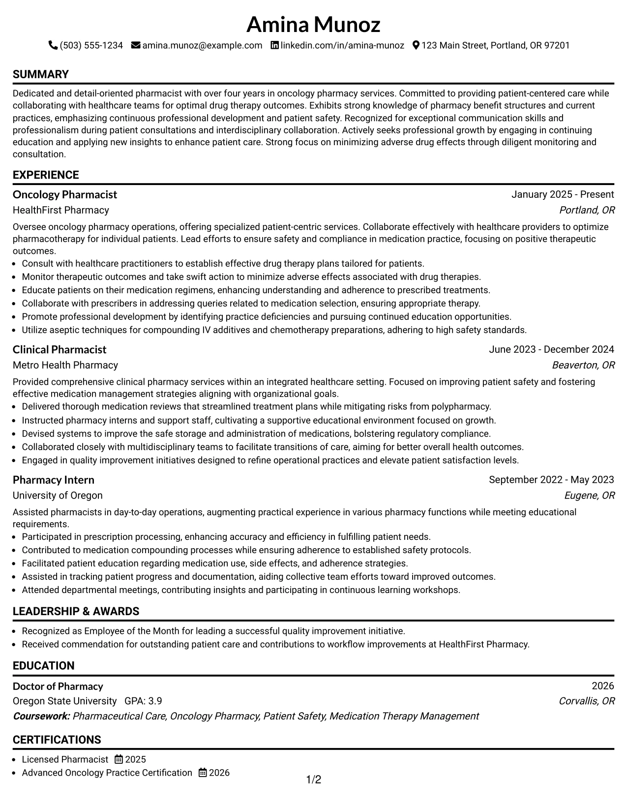 Resume Example Page 1
