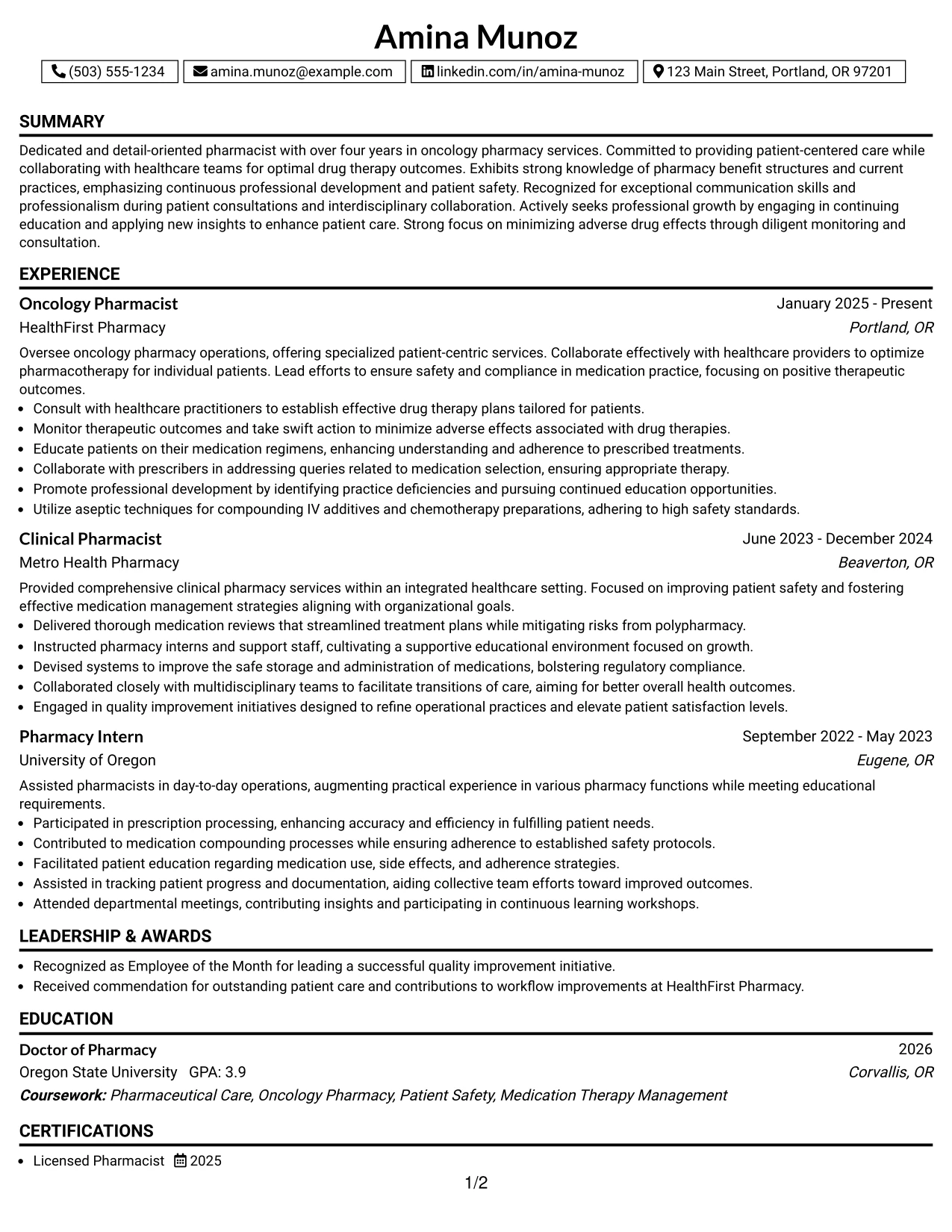 Resume Example Page 1