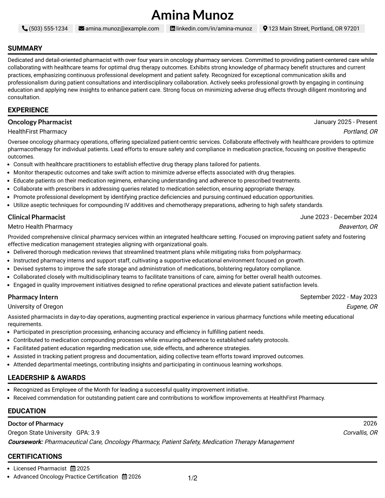 Resume Example Page 1