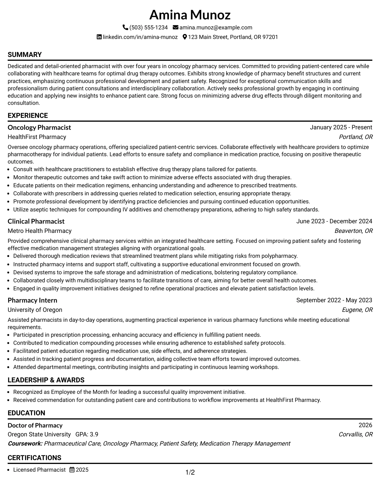 Resume Example Page 1