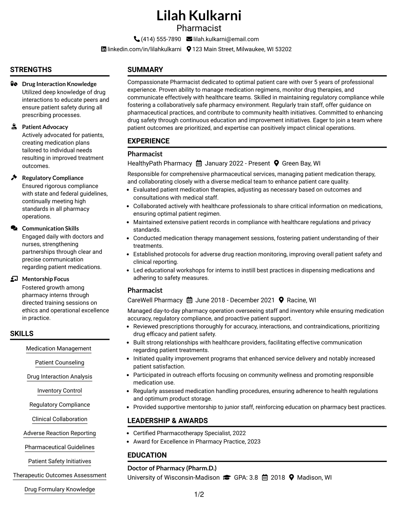 Resume Example Page 1