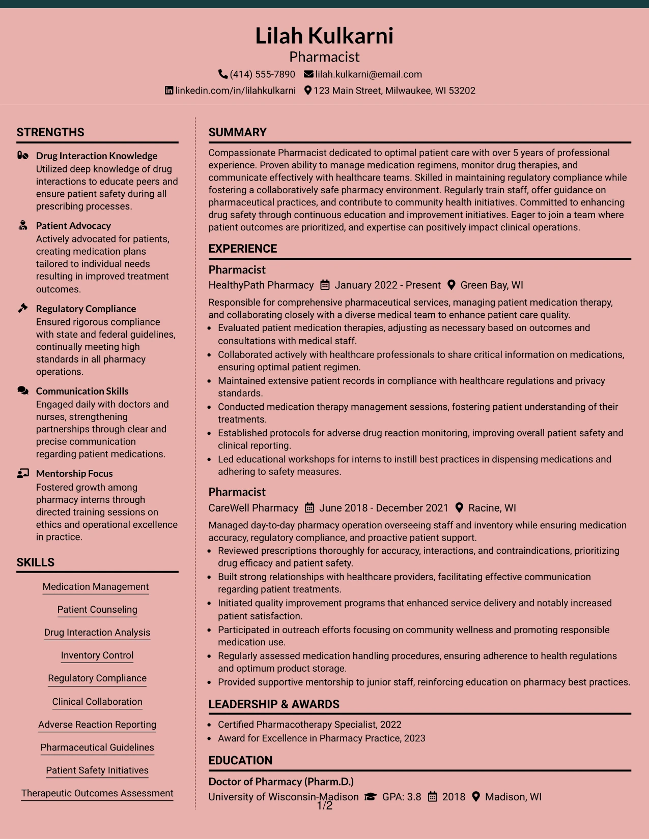 Resume Example Page 1