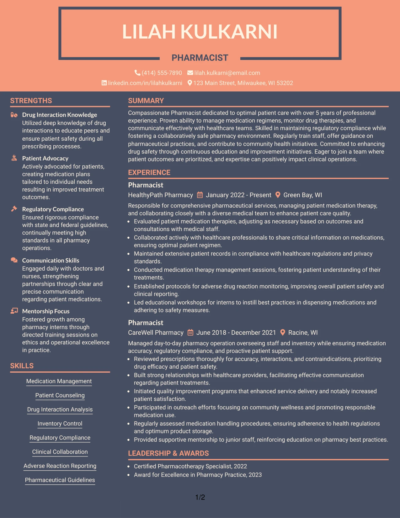 Resume Example Page 1