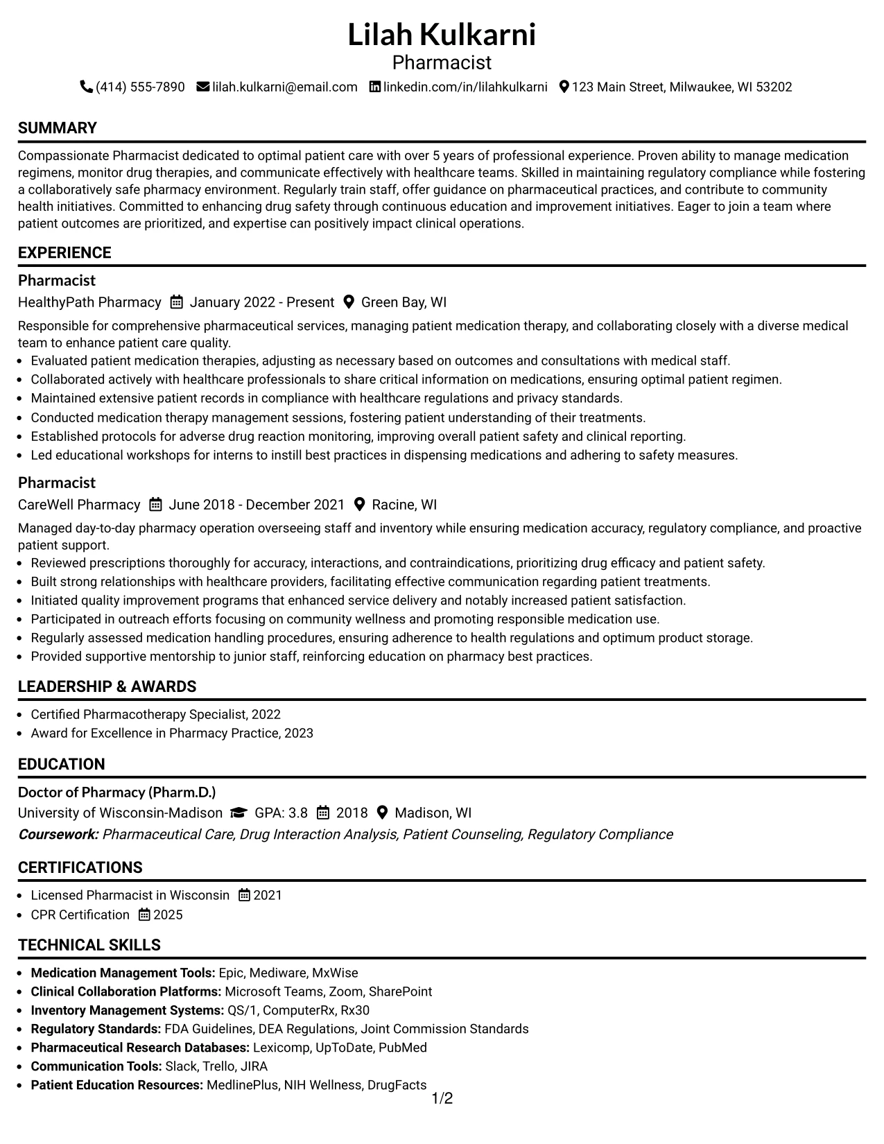 Resume Example Page 1