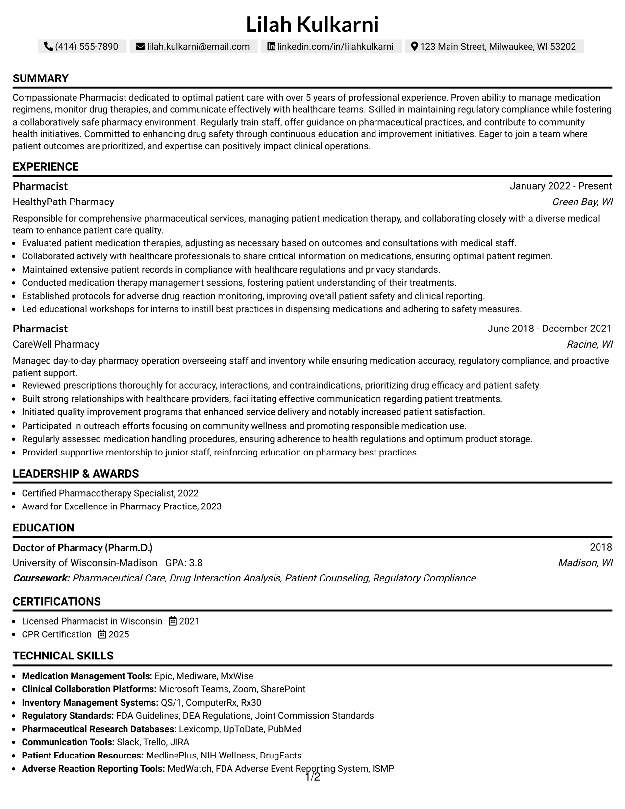 Resume Example Page 1