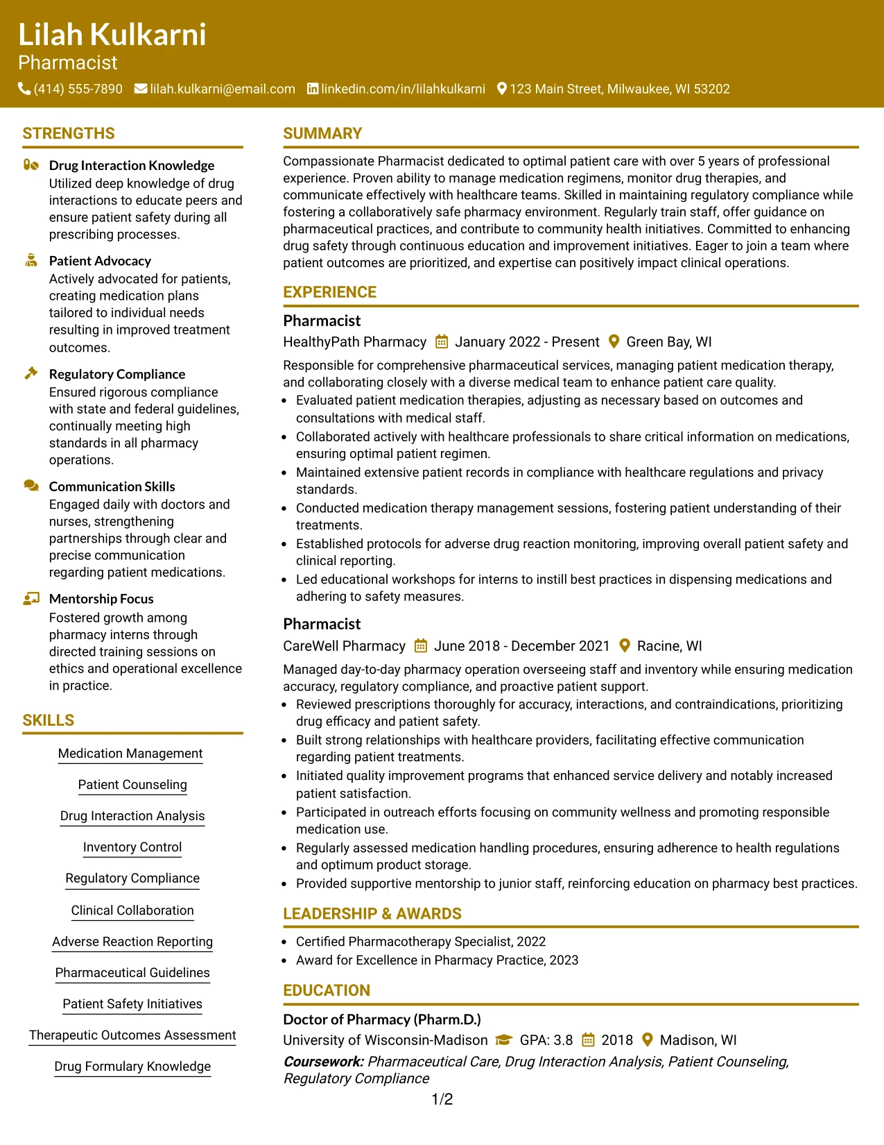 Resume Example Page 1