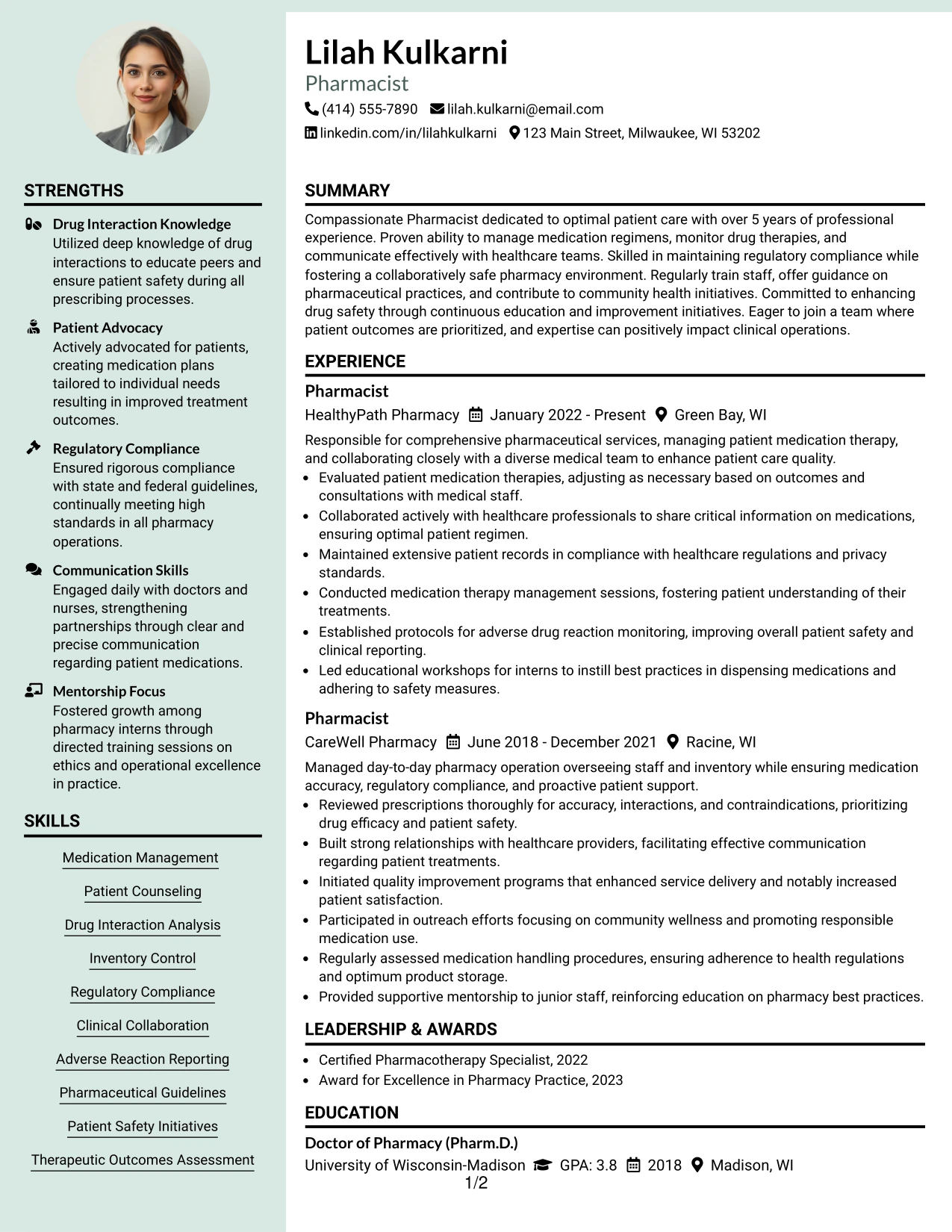Resume Example Page 1
