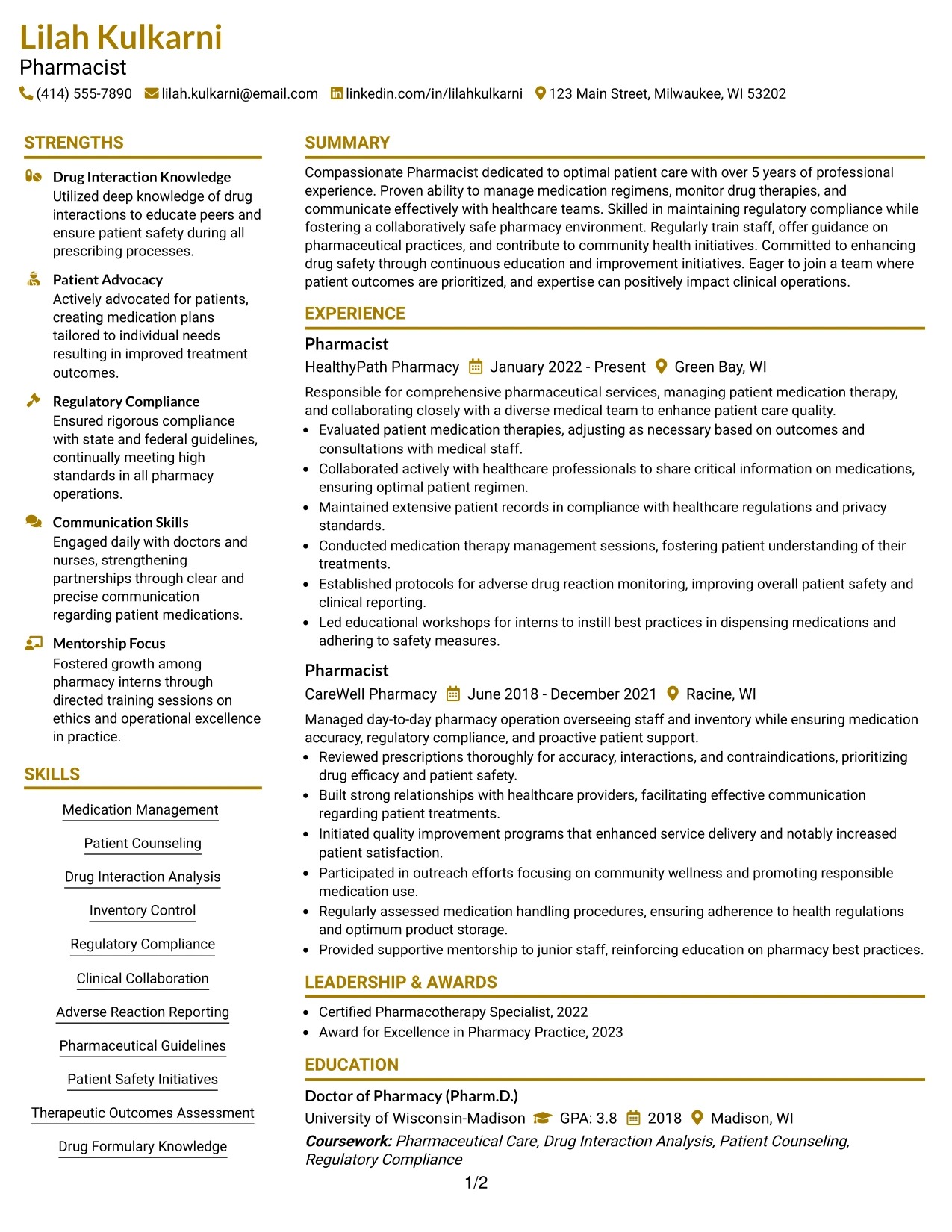 Resume Example Page 1