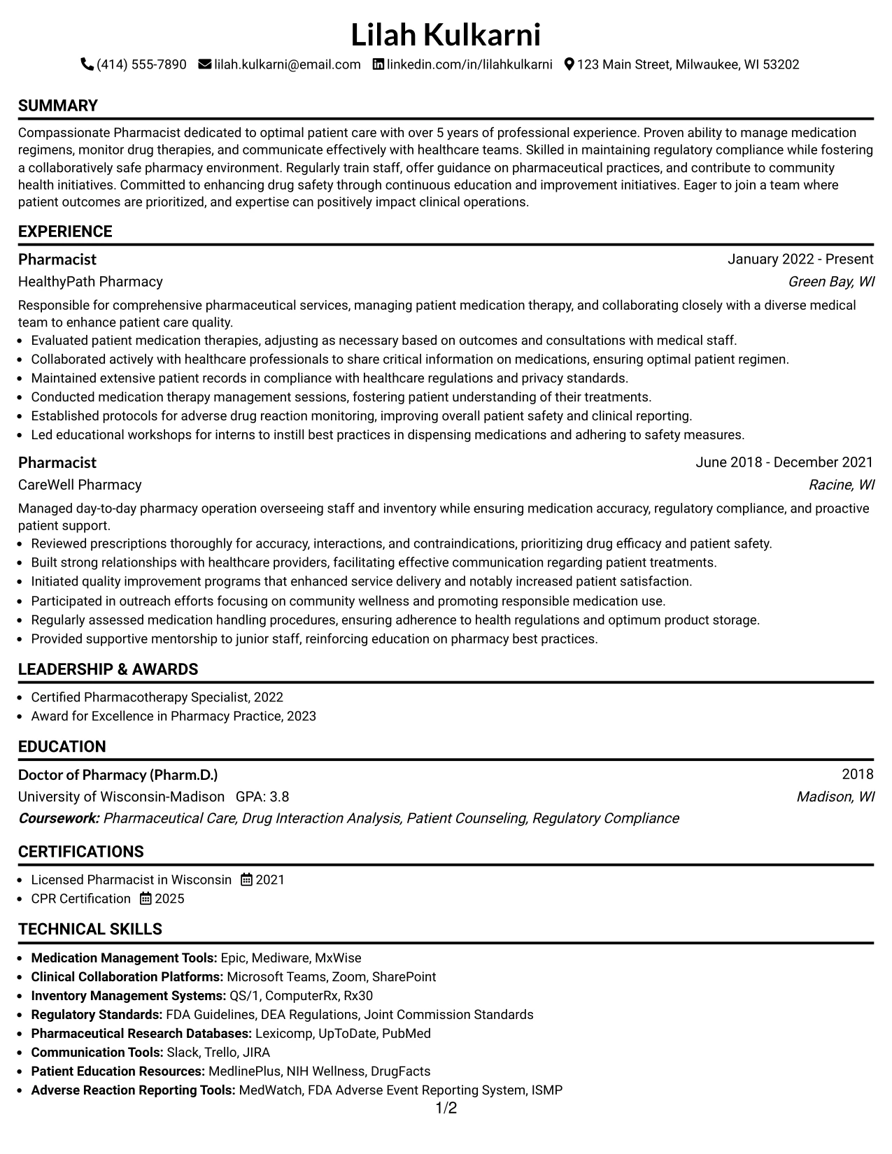 Resume Example Page 1