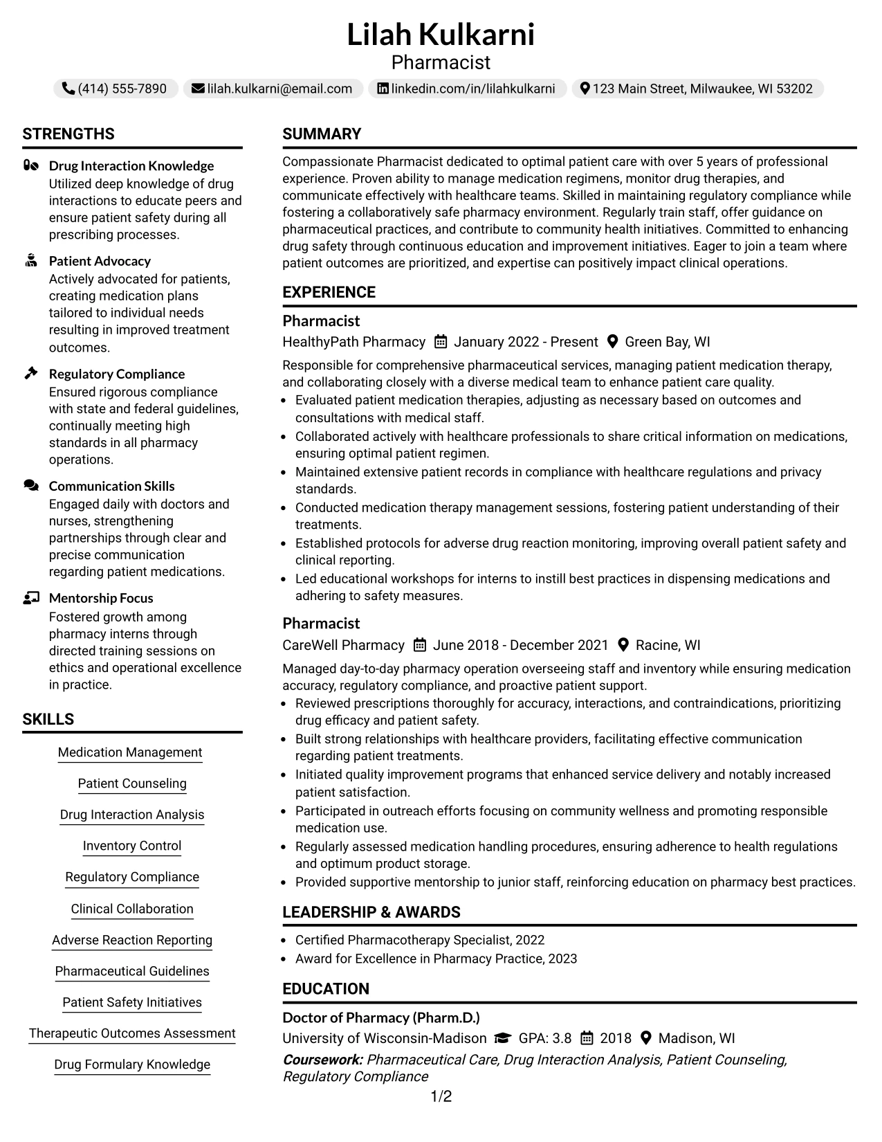 Resume Example Page 1