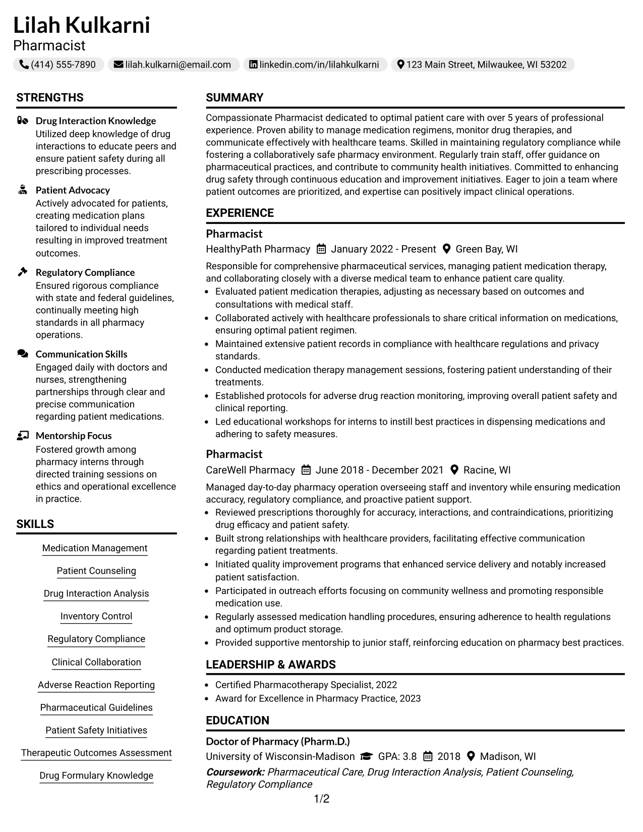 Resume Example Page 1