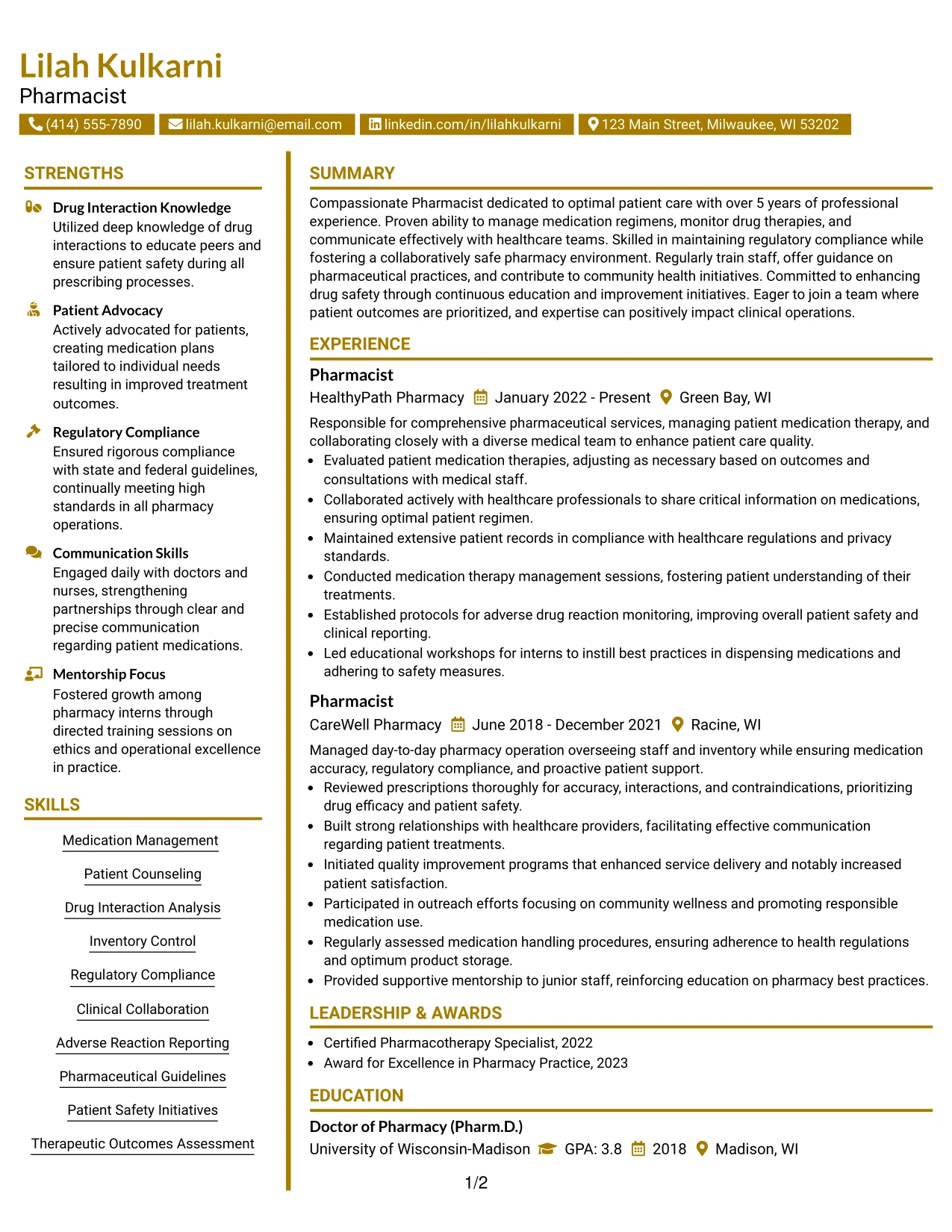Resume Example Page 1
