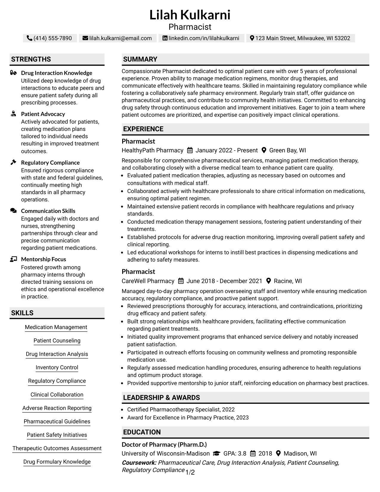 Resume Example Page 1