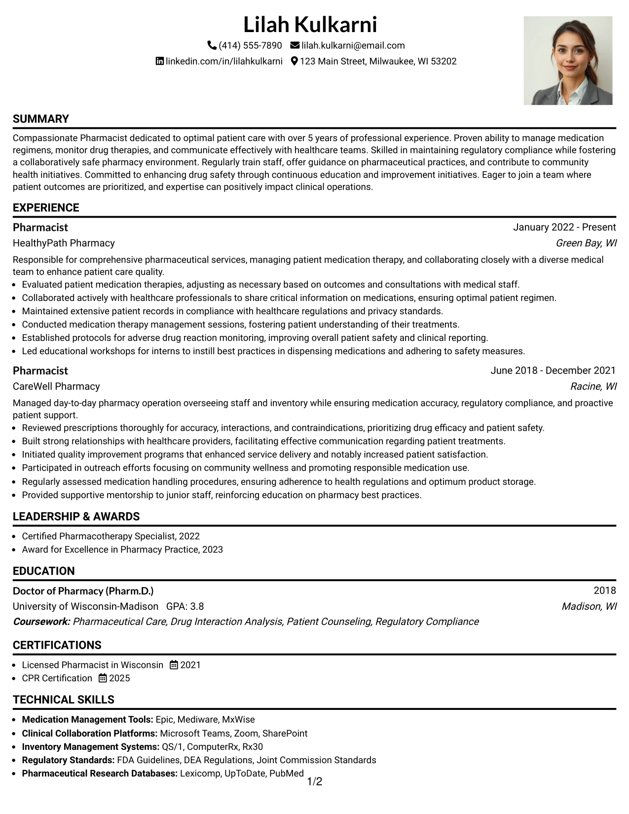 Resume Example Page 1