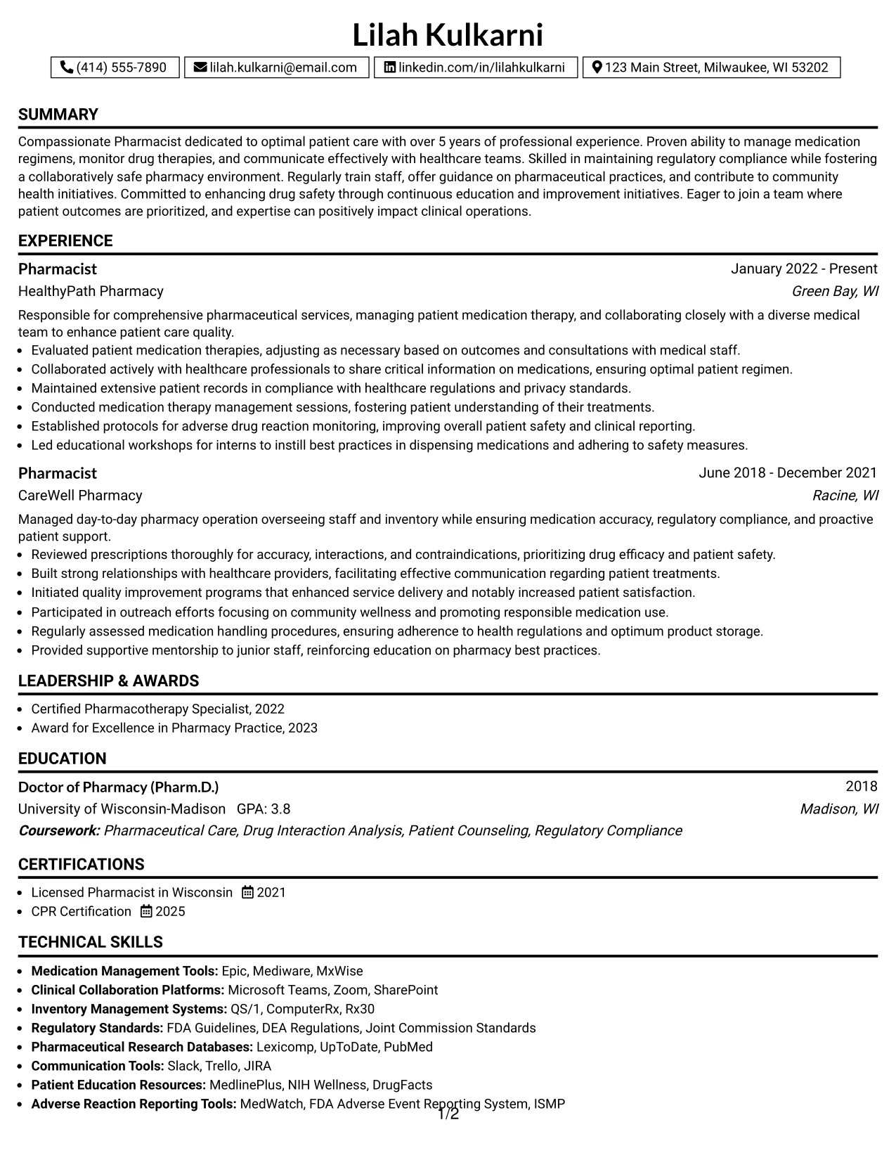 Resume Example Page 1