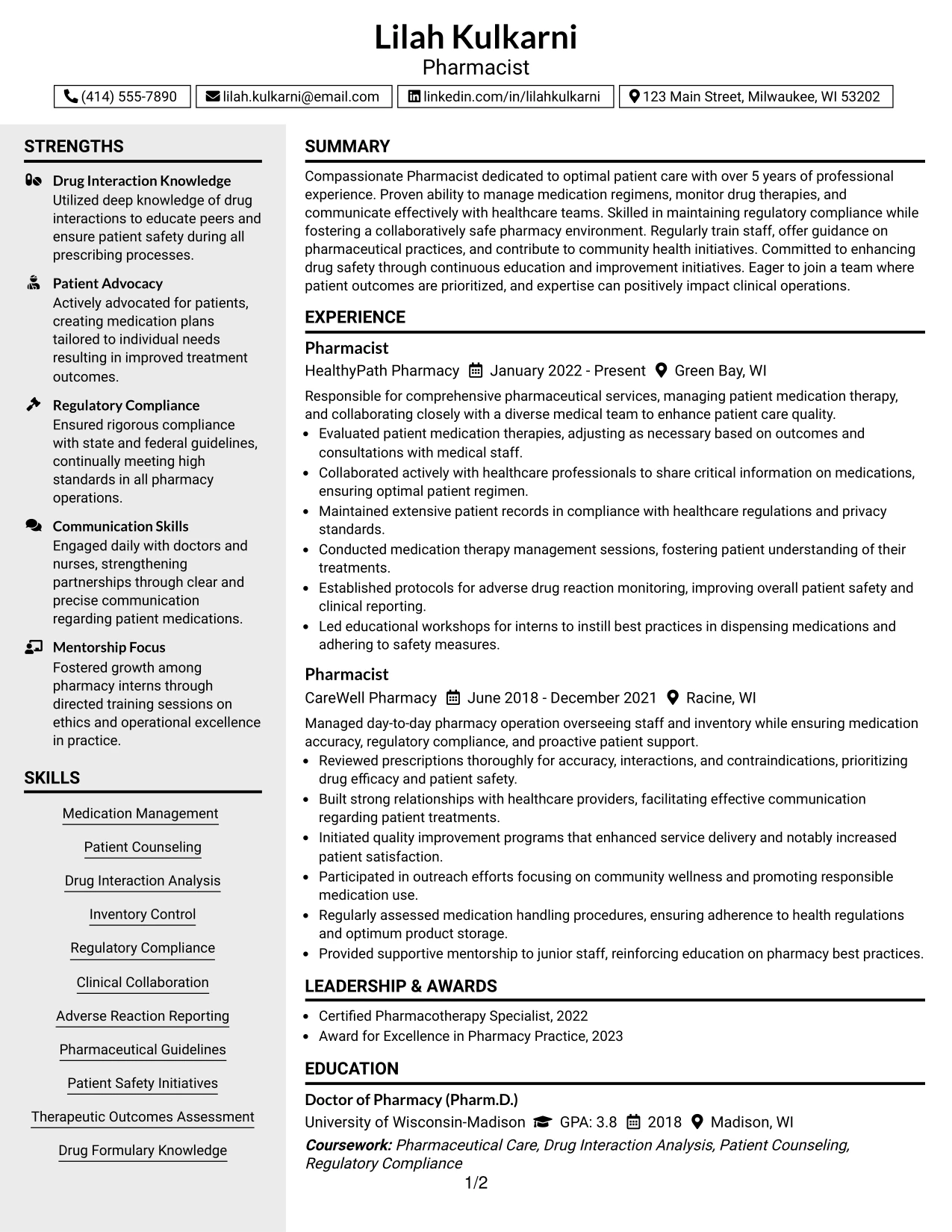 Resume Example Page 1