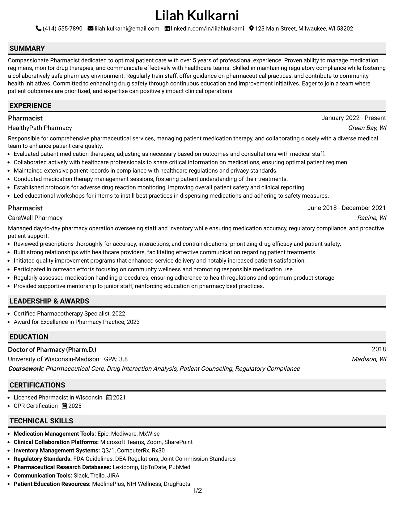 Resume Example Page 1