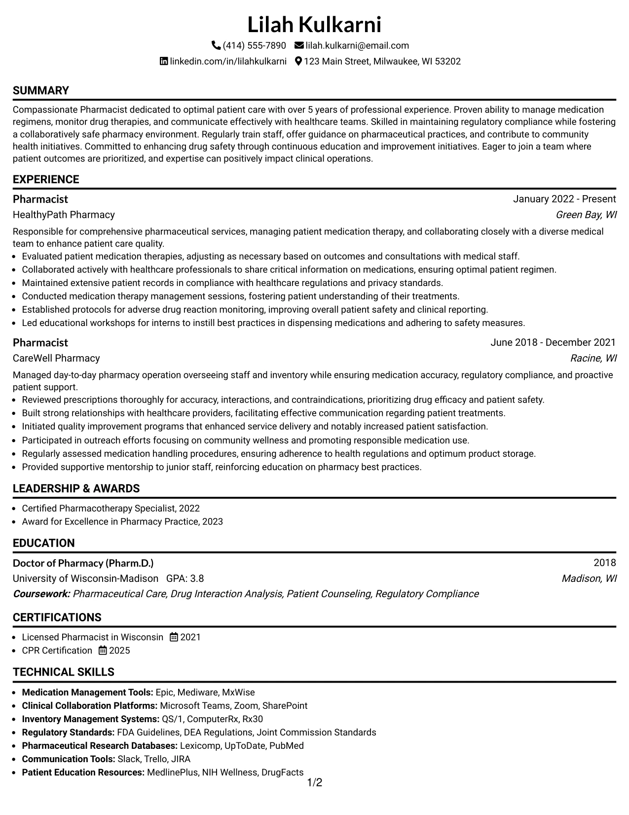 Resume Example Page 1