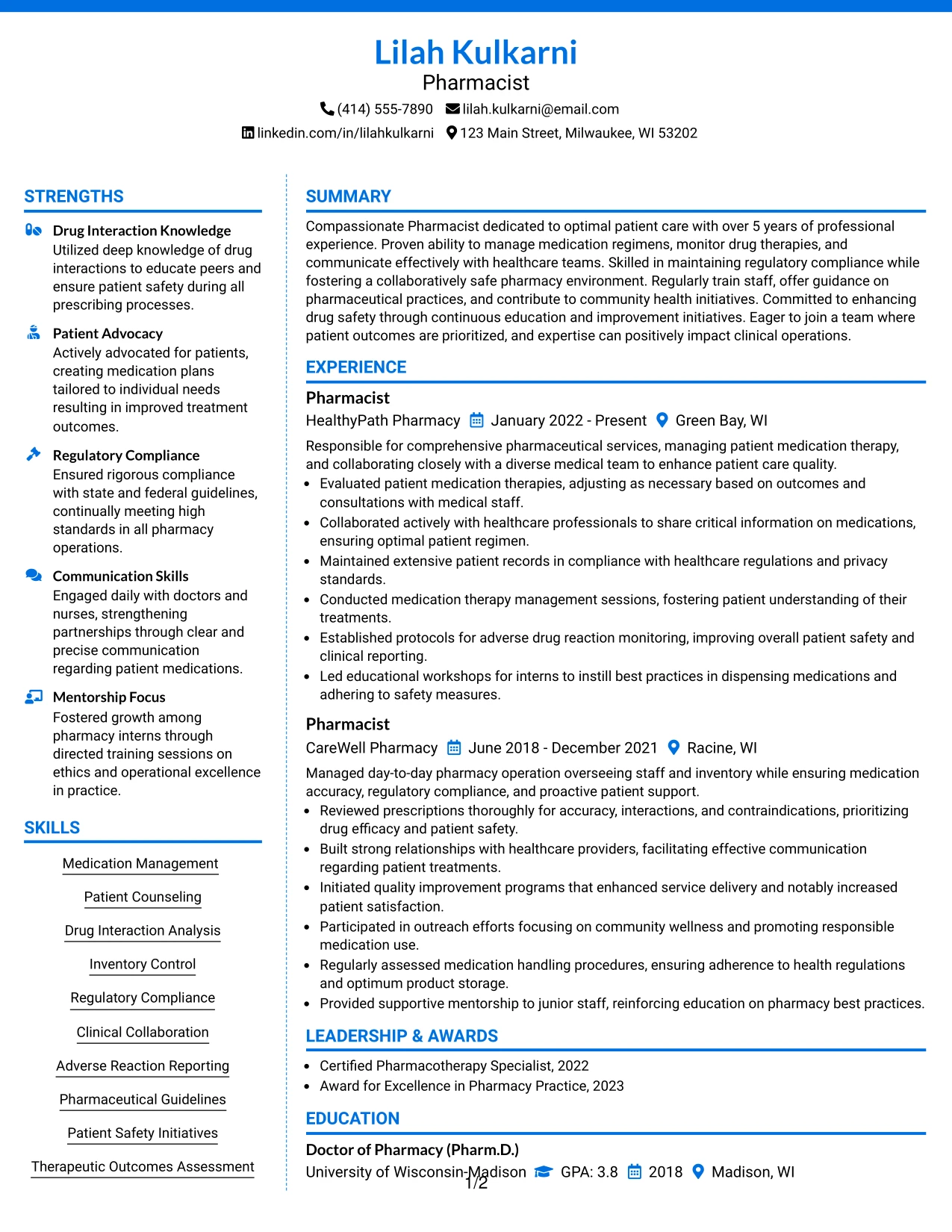 Resume Example Page 1