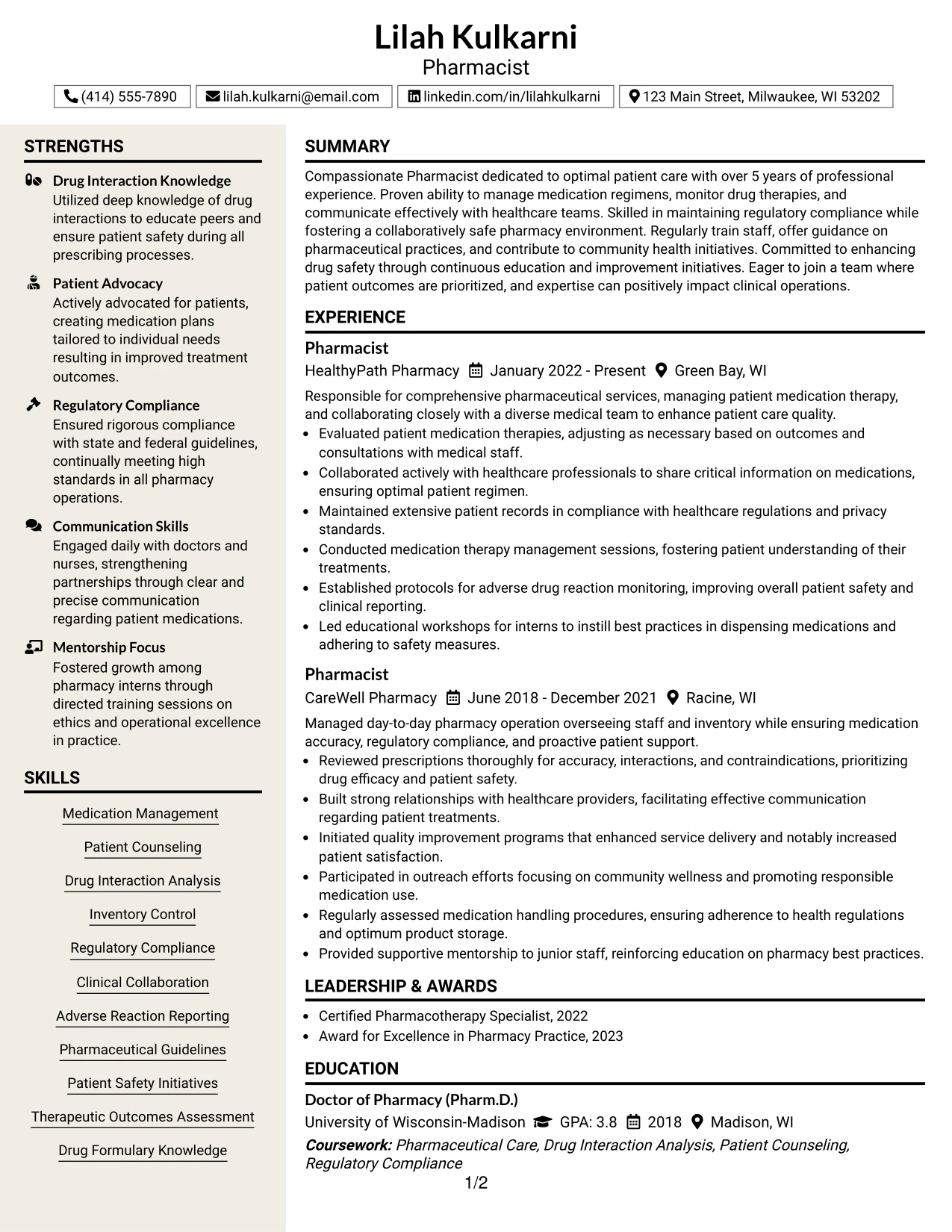 Resume Example Page 1