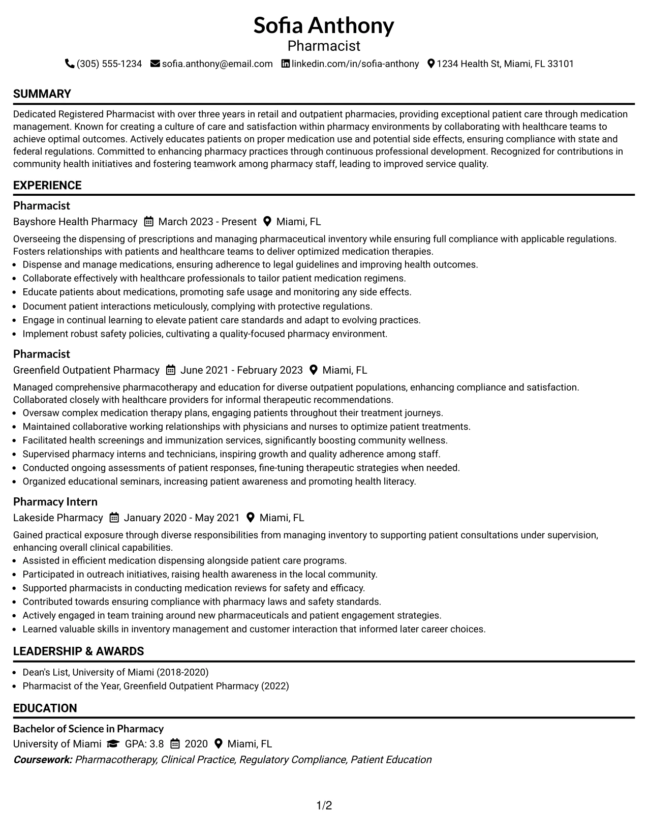 Resume Example Page 1