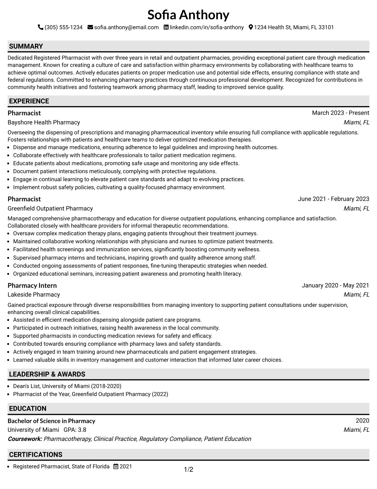 Resume Example Page 1
