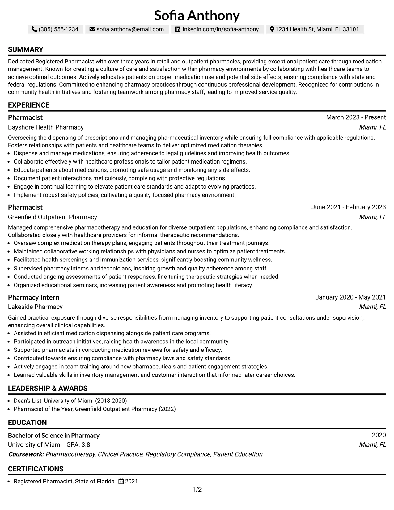 Resume Example Page 1