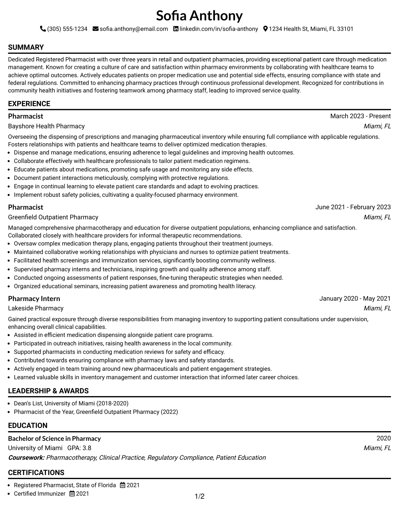 Resume Example Page 1