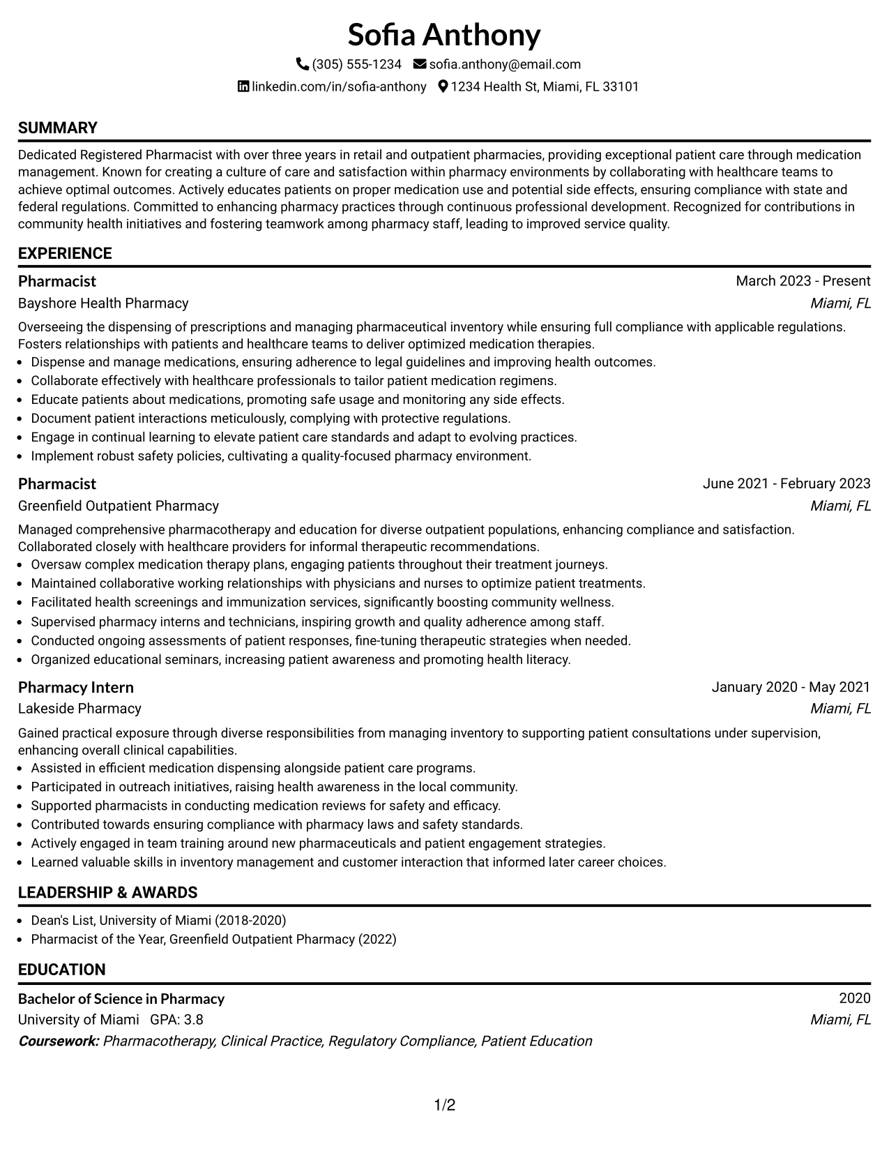 Resume Example Page 1