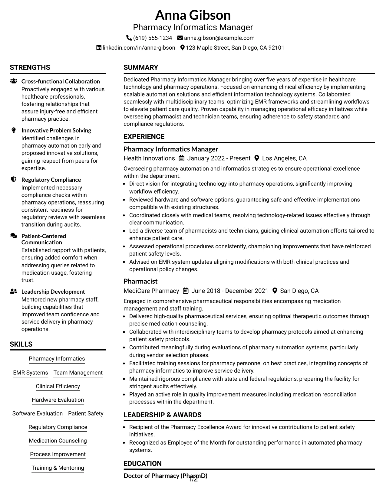 Resume Example Page 1