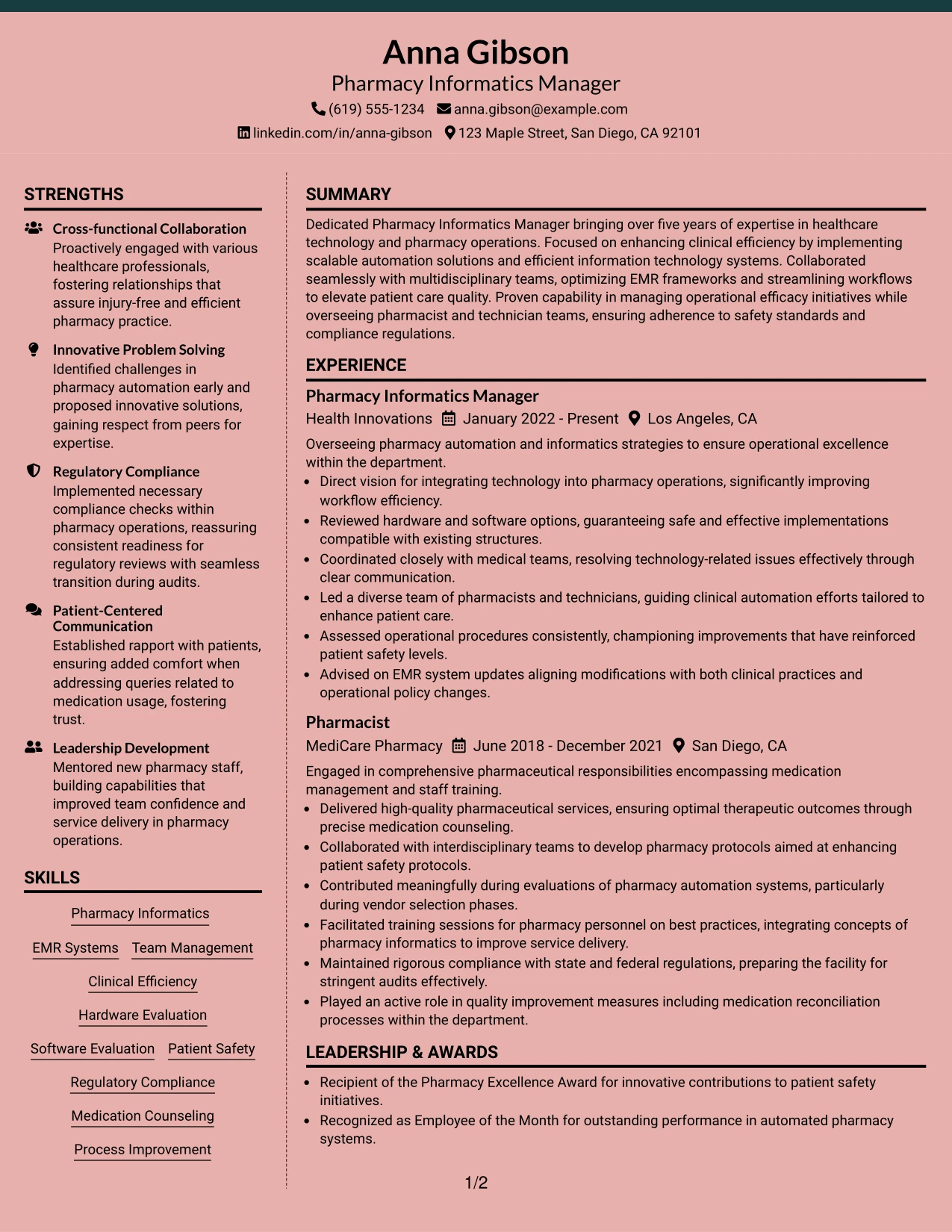 Resume Example Page 1