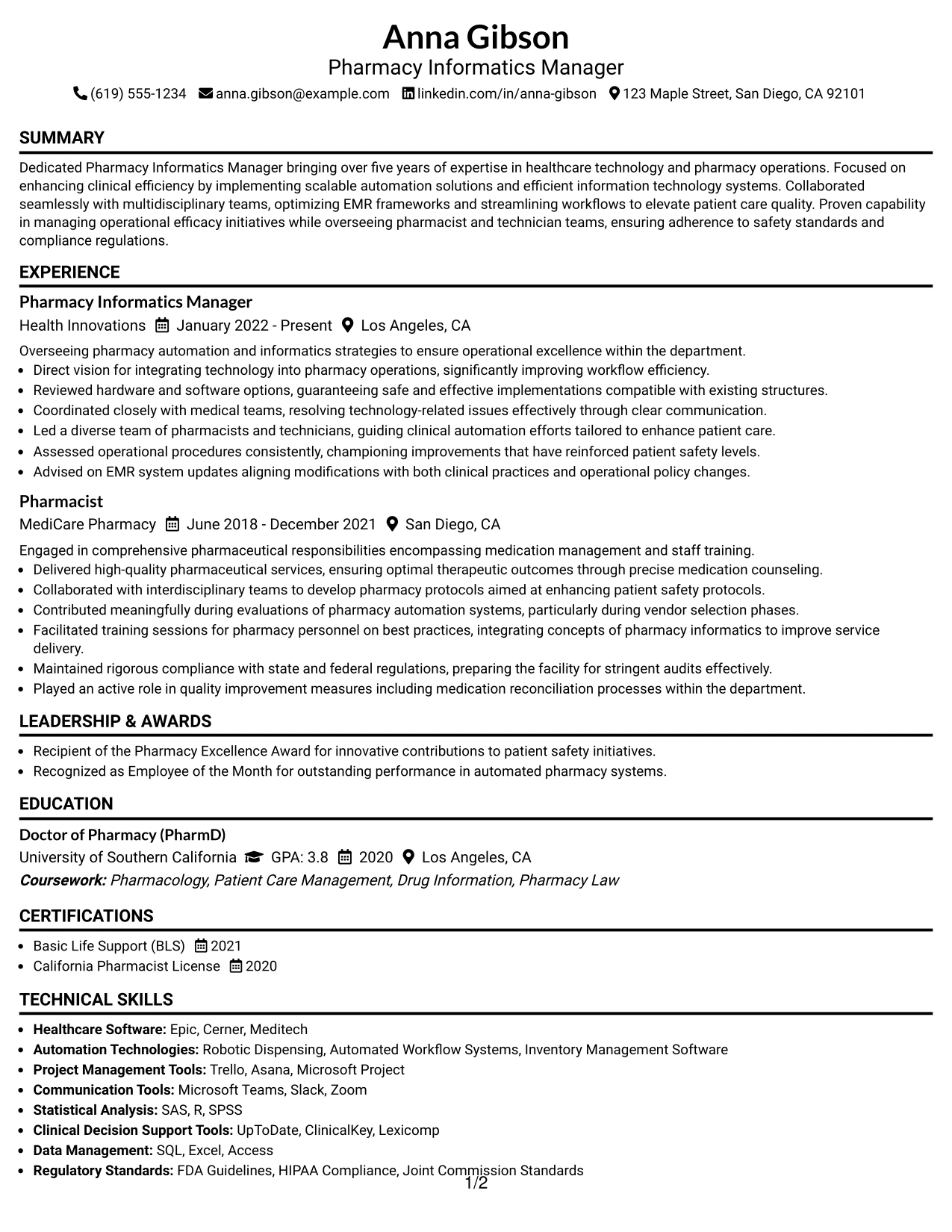 Resume Example Page 1