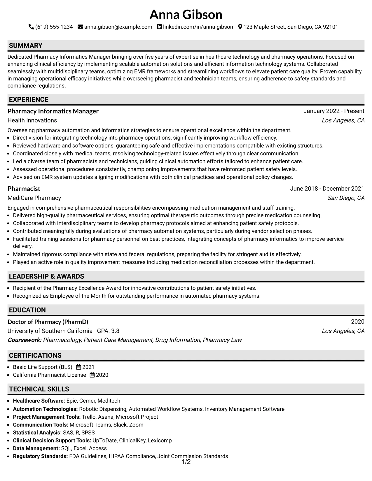 Resume Example Page 1