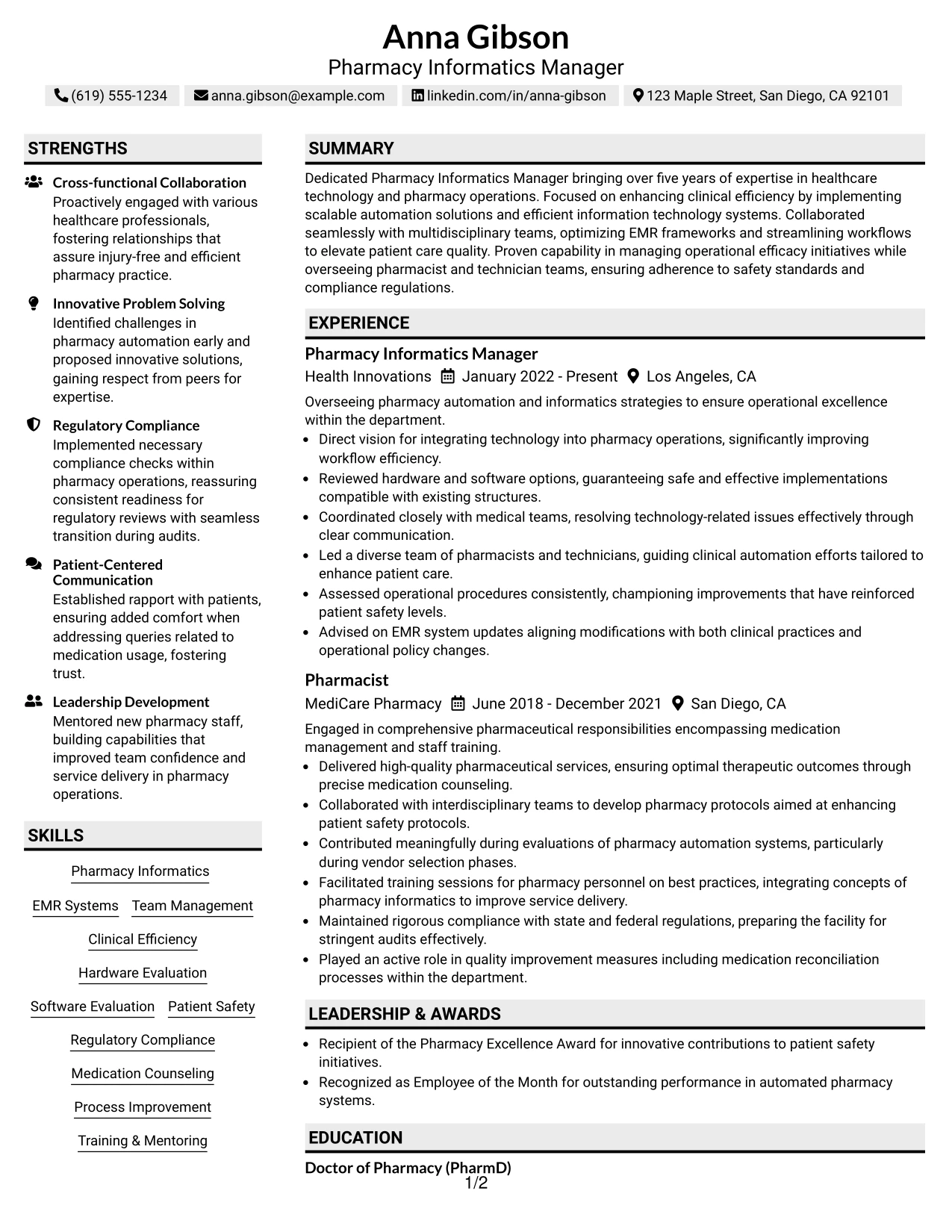 Resume Example Page 1