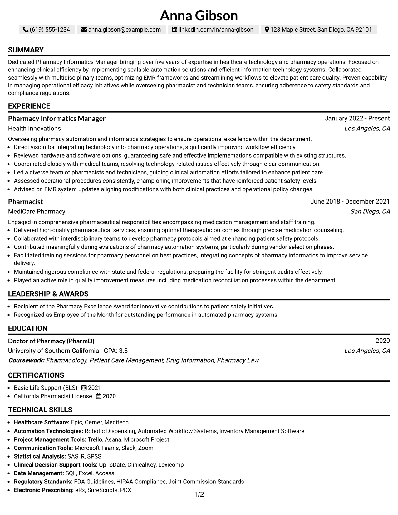 Resume Example Page 1