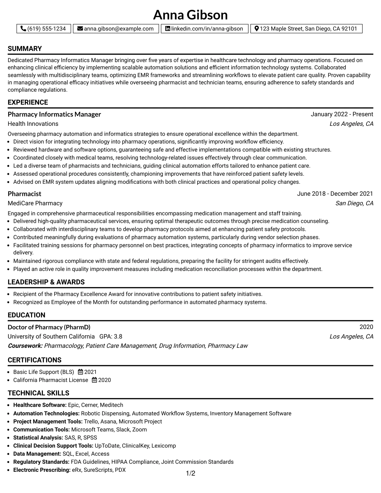 Resume Example Page 1