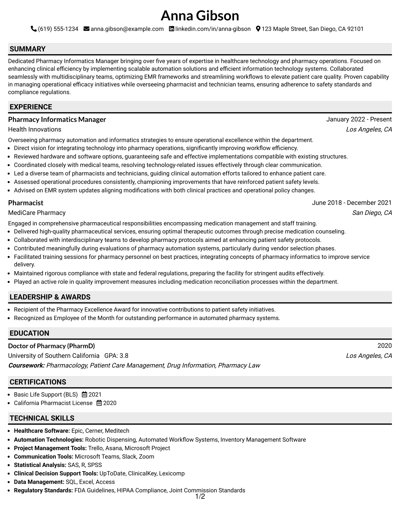 Resume Example Page 1