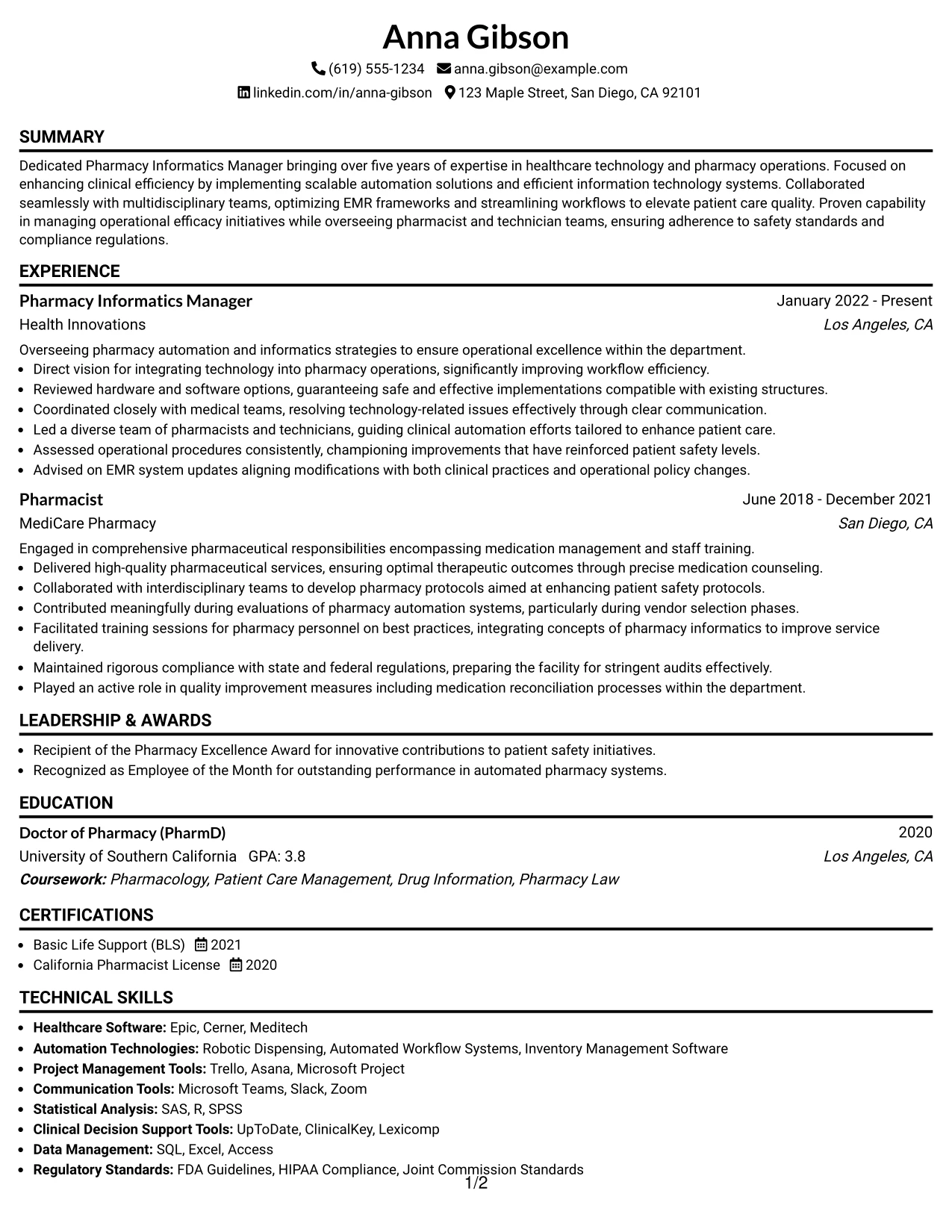 Resume Example Page 1