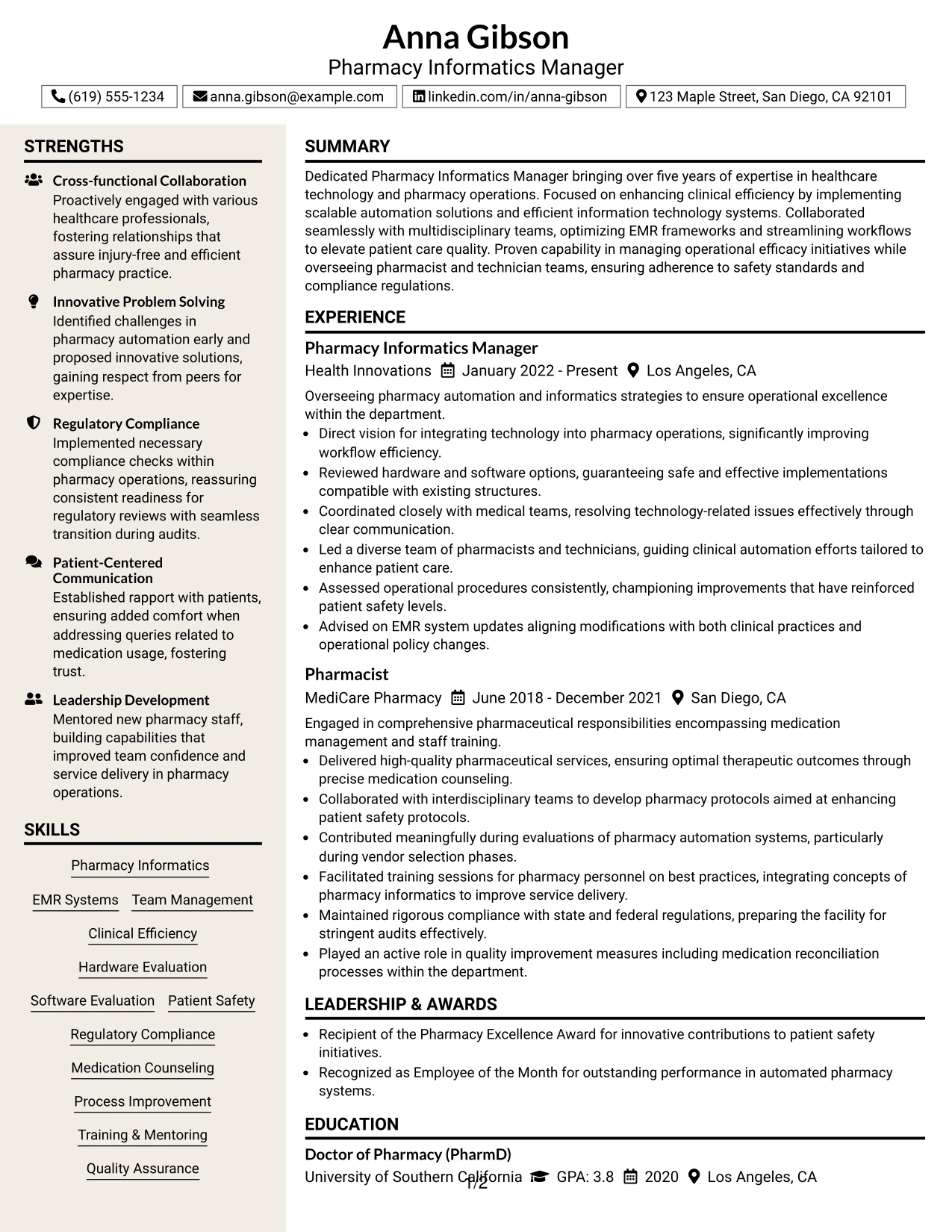 Resume Example Page 1