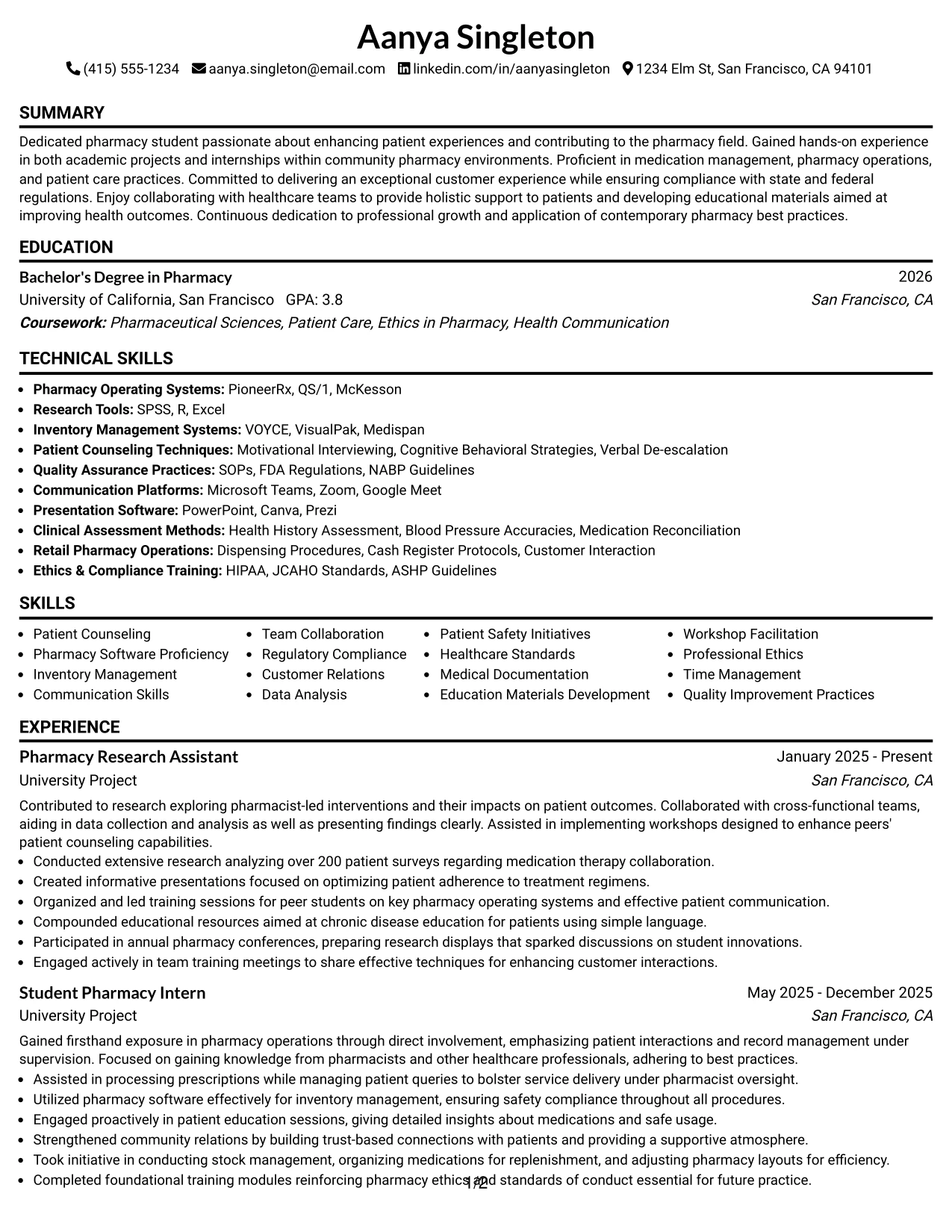 Resume Example Page 1