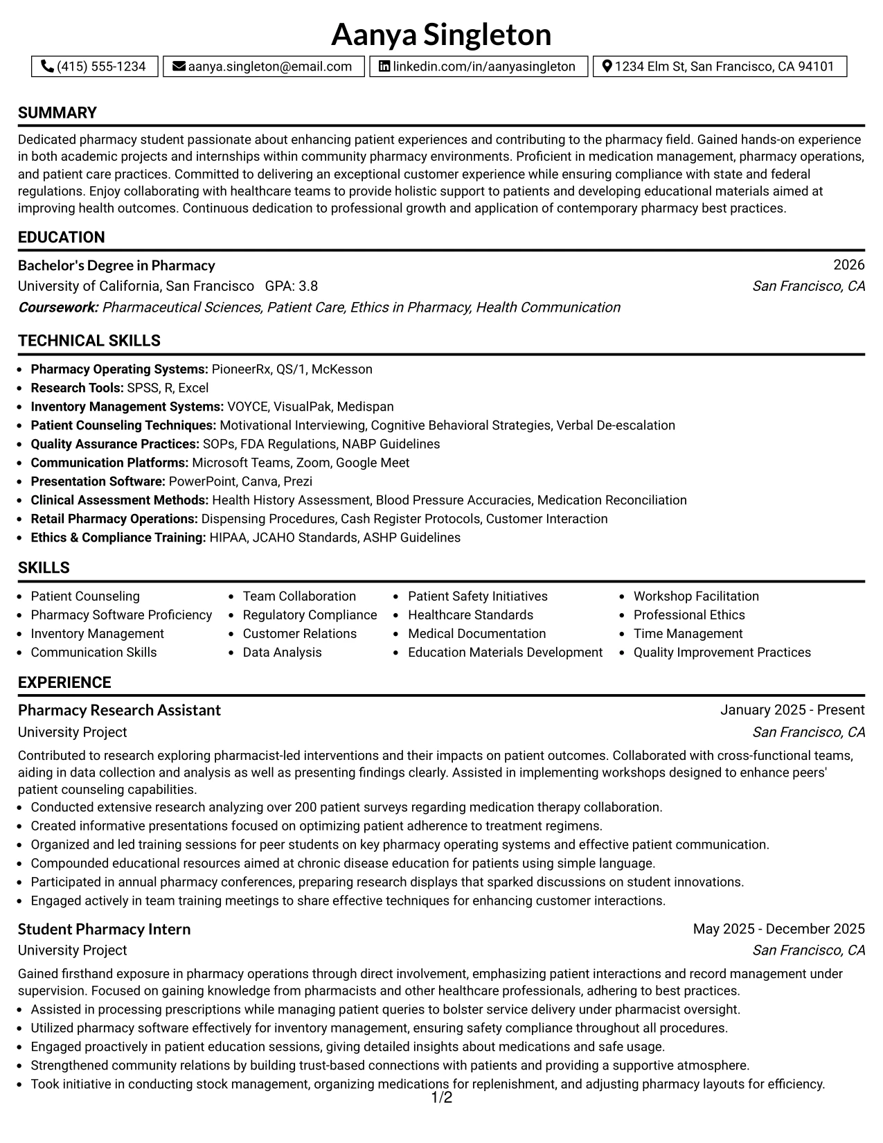 Resume Example Page 1